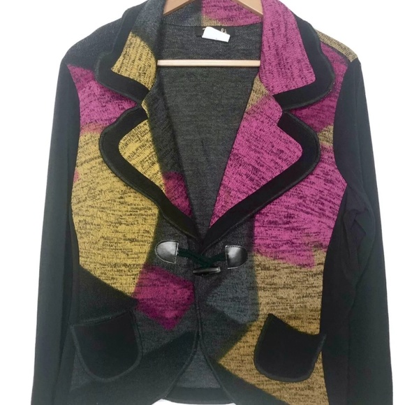Color Blocked Blazer Cardigan Canada Bali Stretchy Pockets Loop Clasp - Picture 1 of 3